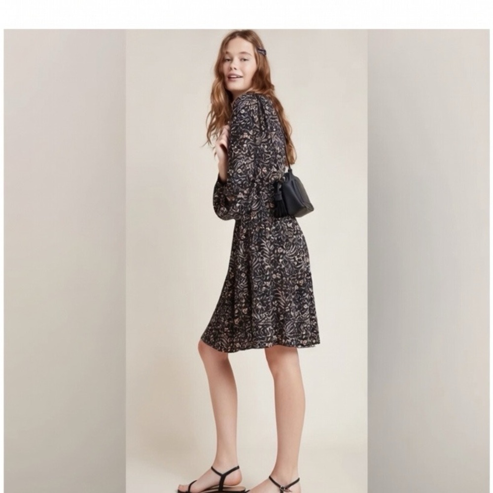 Maeve by Anthropologie Long Sleeve Dress Black w/Delicate Botanical Print XS EUC